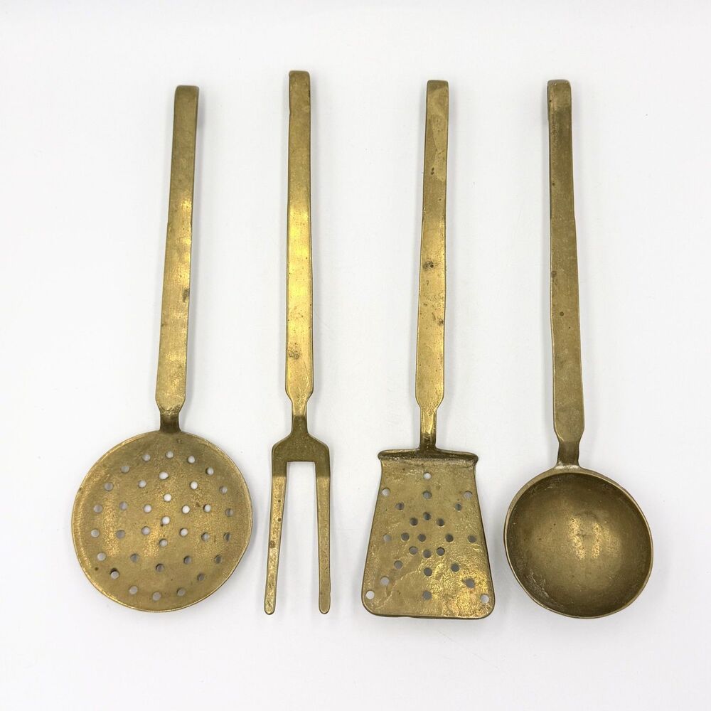 Vintage Brass Kitchen Utensil Wall Decor Set of 4 Ladle Fork Cottagecore 9"